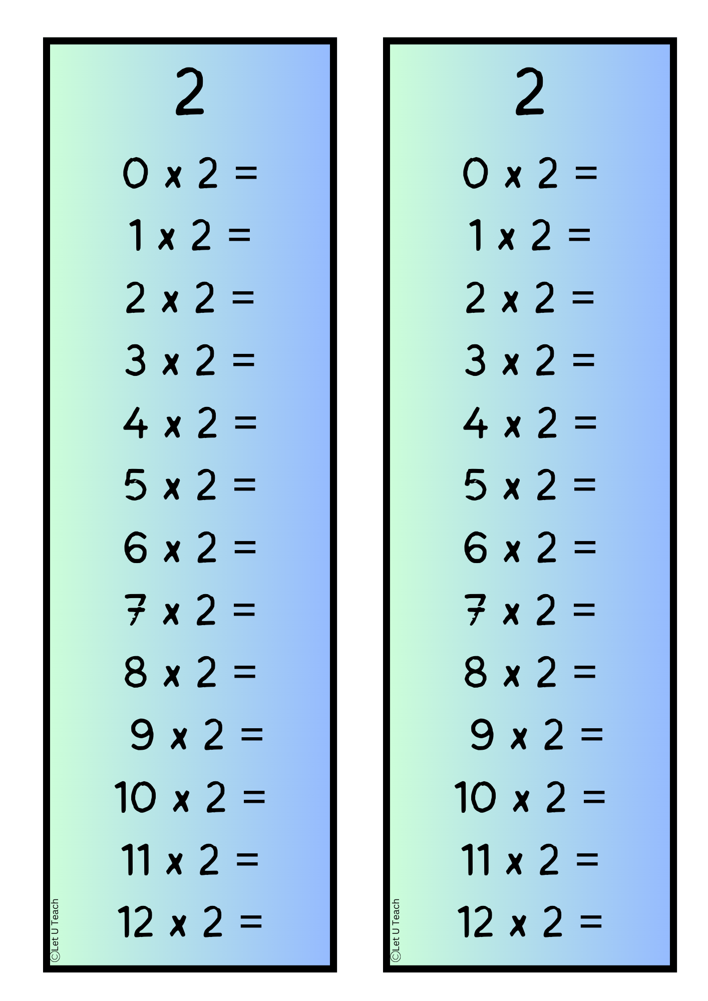 Timestable Bookmarks 0 - 12