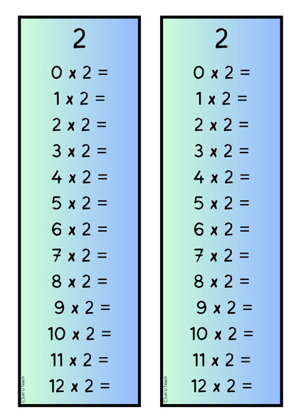 Timestable Bookmarks 0 - 12