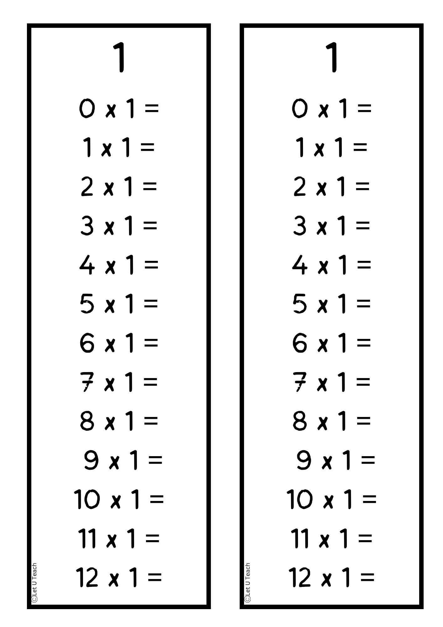 Timestable Bookmarks 0 - 12