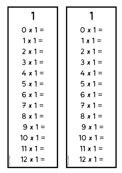 Timestable Bookmarks 0 - 12