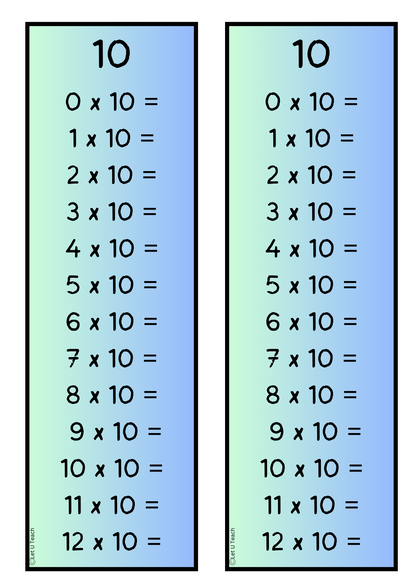 Timestable Bookmarks 0 - 12