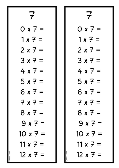 Timestable Bookmarks 0 - 12