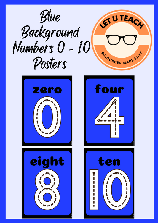 Blue Background Numbers 0 - 10 Posters