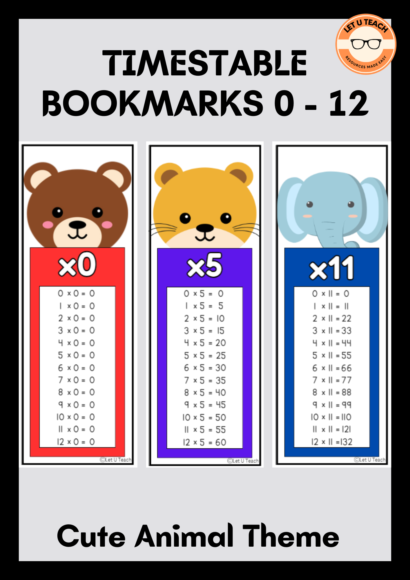 Timestable Bookmarks 0 - 12 Cute Animal Theme