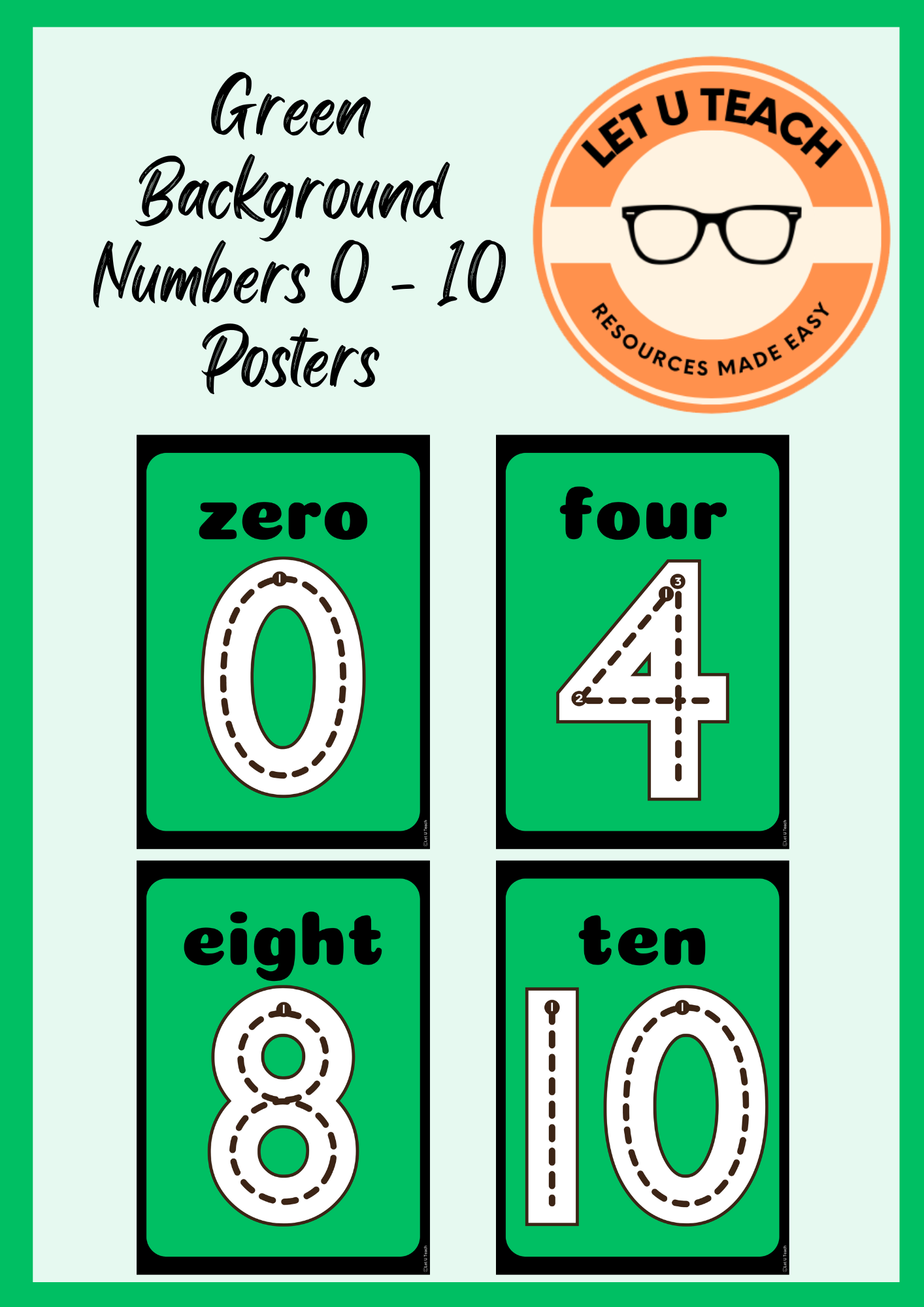 Green Background Numbers 0 - 10 Posters