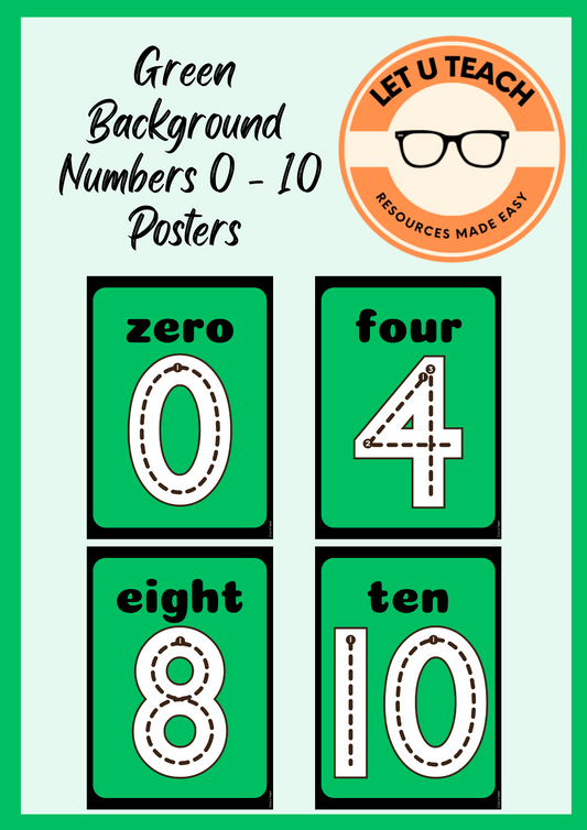 Green Background Numbers 0 - 10 Posters