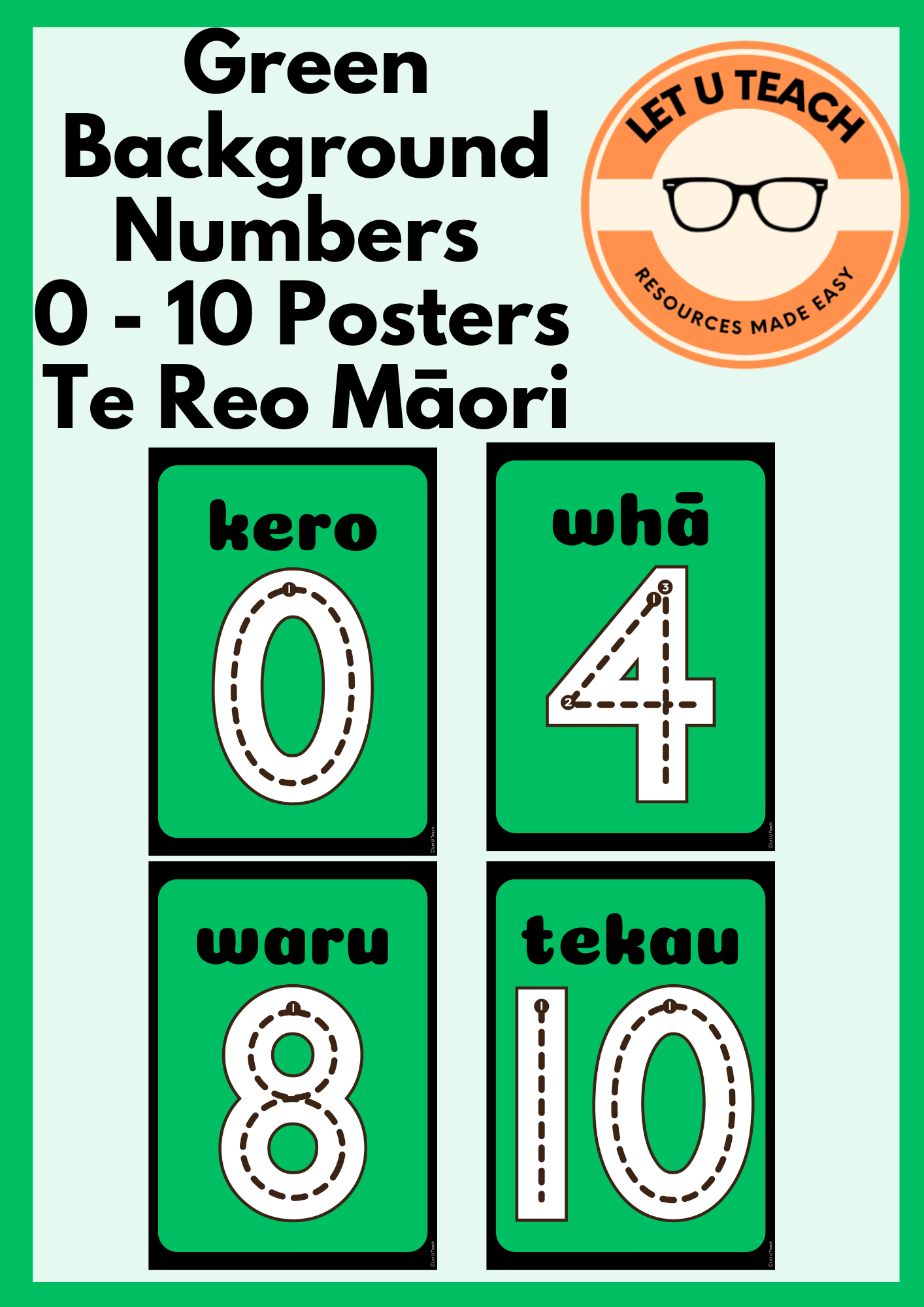 Green Background Numbers 0 - 10 Posters Te Reo Māori