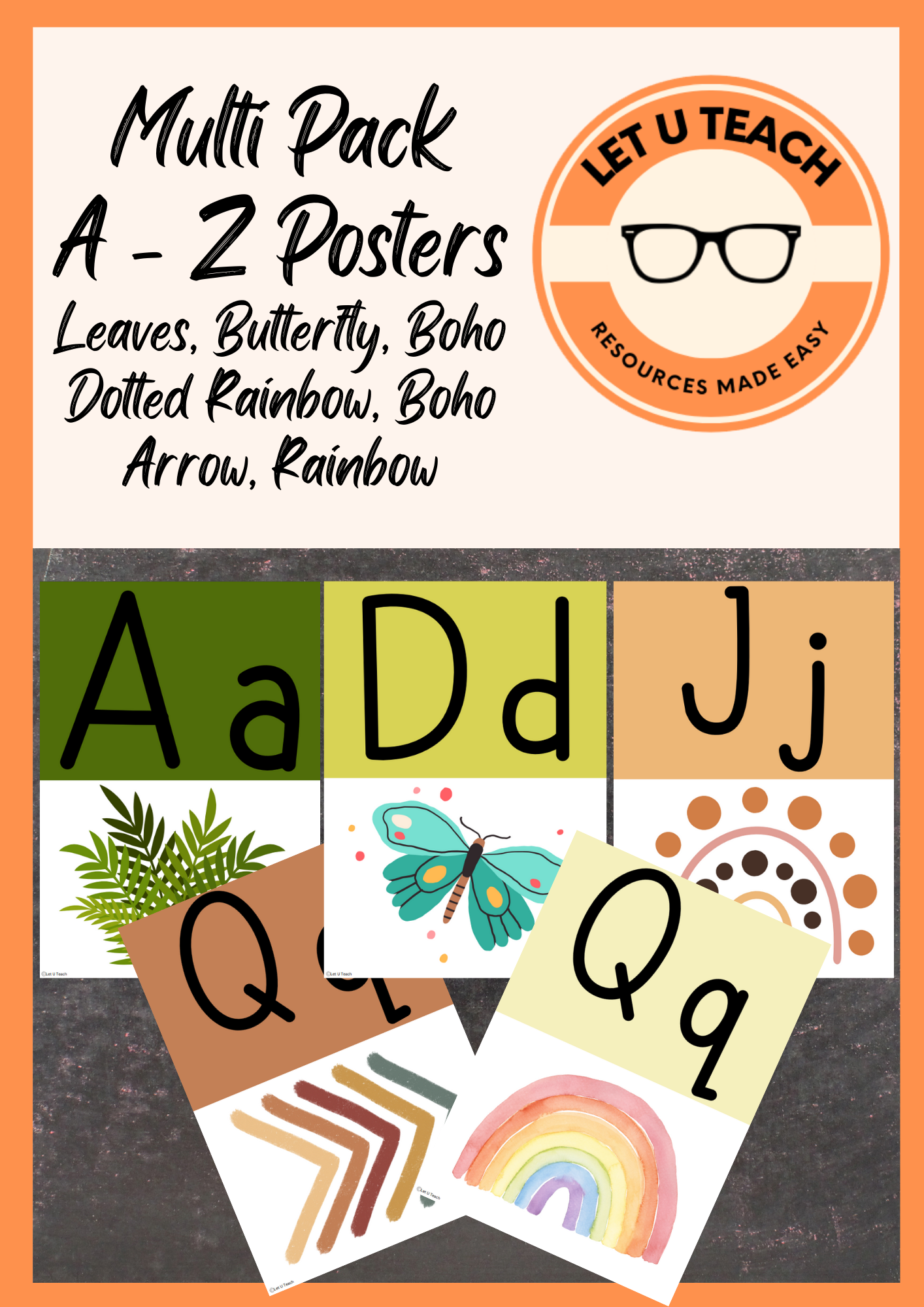 Multi Pack A - Z Posters  Leaves, Butterfly, Boho Dotted Rainbow, Boho Arrow, Rainbow