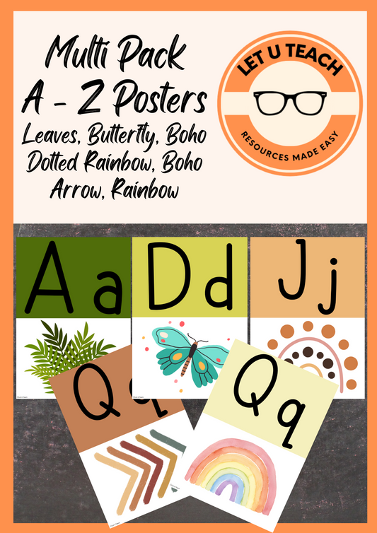 Multi Pack A - Z Posters  Leaves, Butterfly, Boho Dotted Rainbow, Boho Arrow, Rainbow