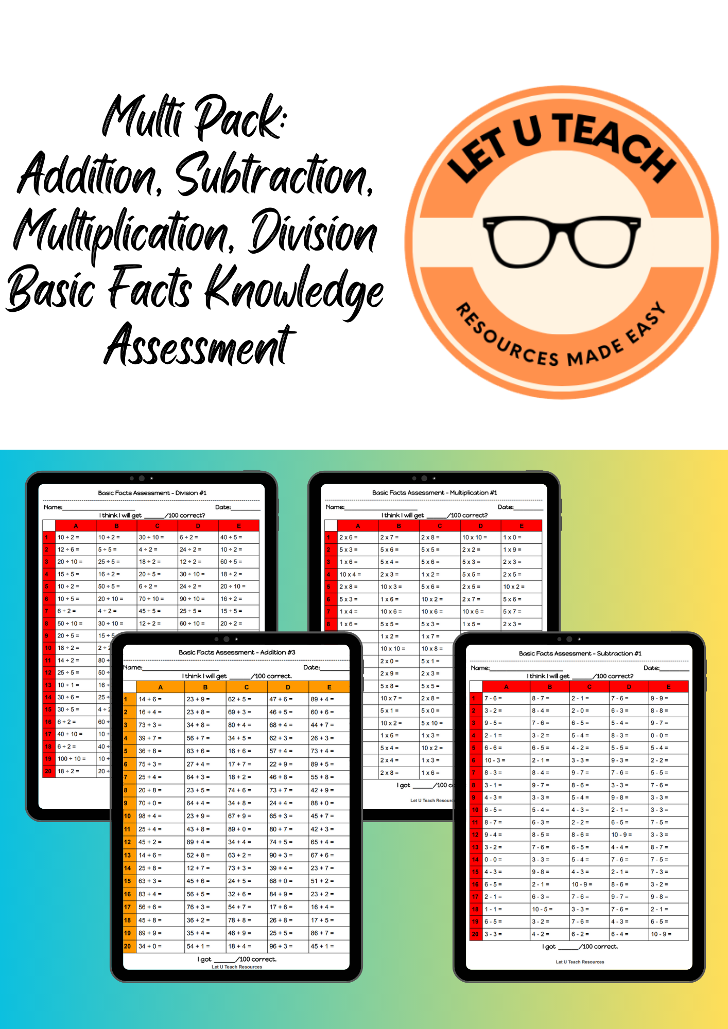 Multi Pack: Addition, Subtraction, Multiplication, Division Basic Facts Knowledge Assessment