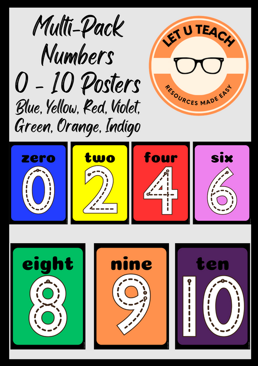 Multi-Pack Numbers  0 - 10 Posters Blue, Yellow, Red, Violet, Green, Orange, Indigo