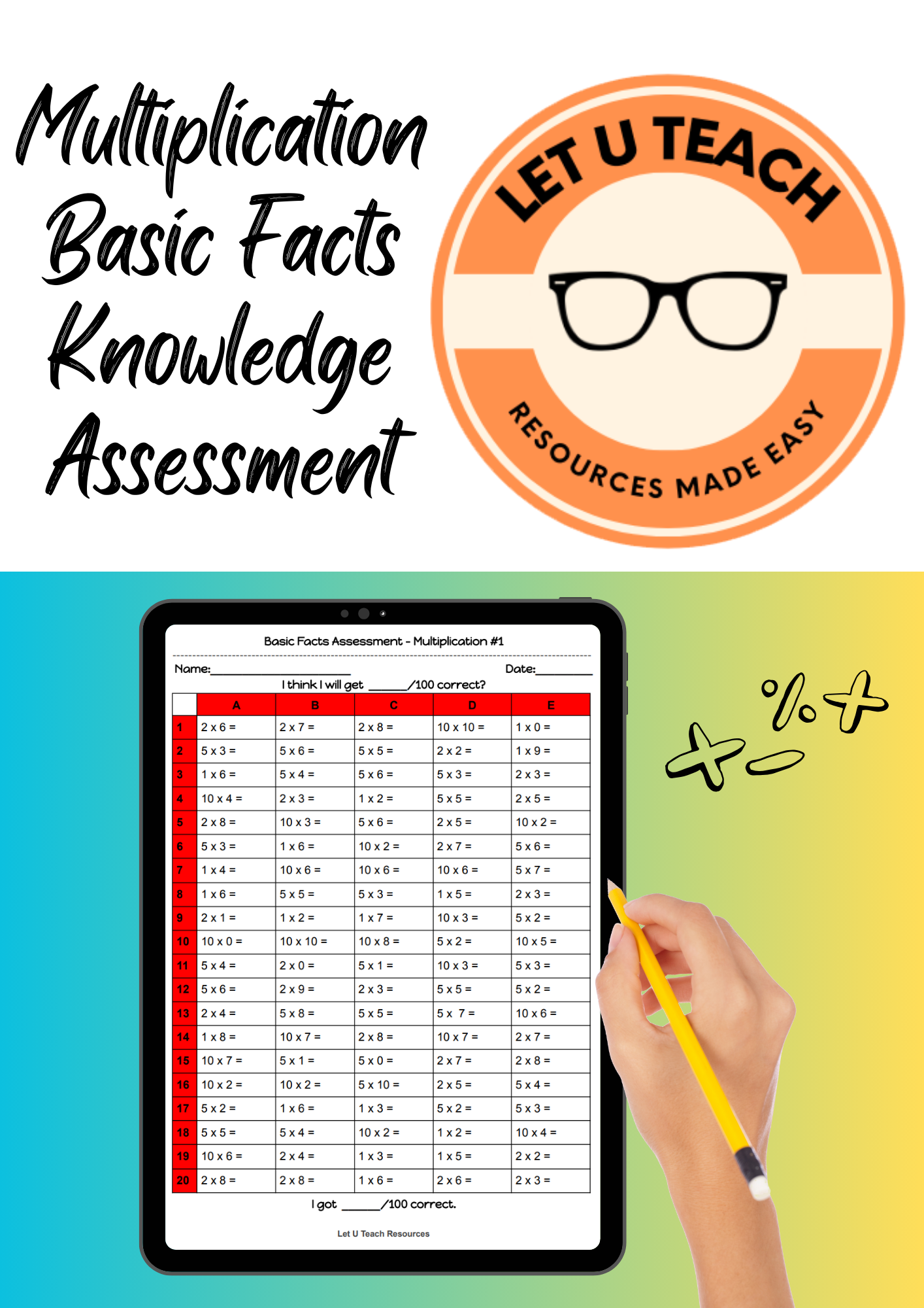 Multiplication Basic Facts Knowledge Assessment