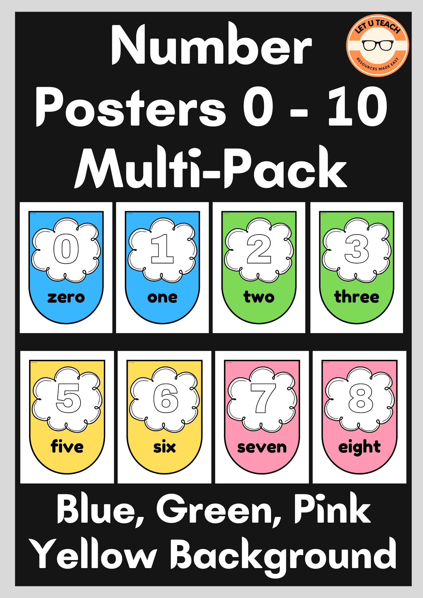 Maths Posters 0 - 10 Multi Pack Blue, Green, Yellow, Pink Background