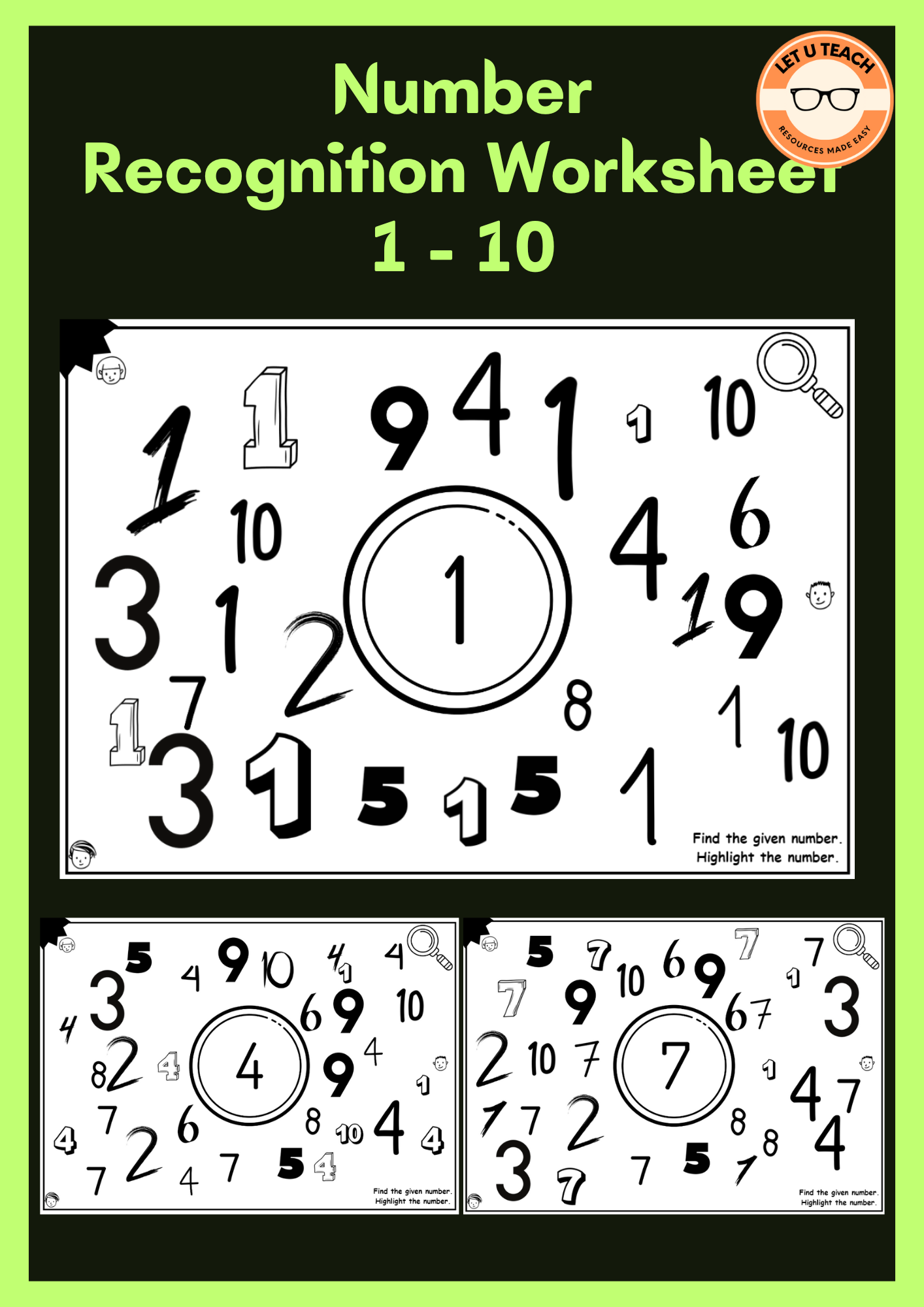 Number Recognition Worksheets 1 - 10