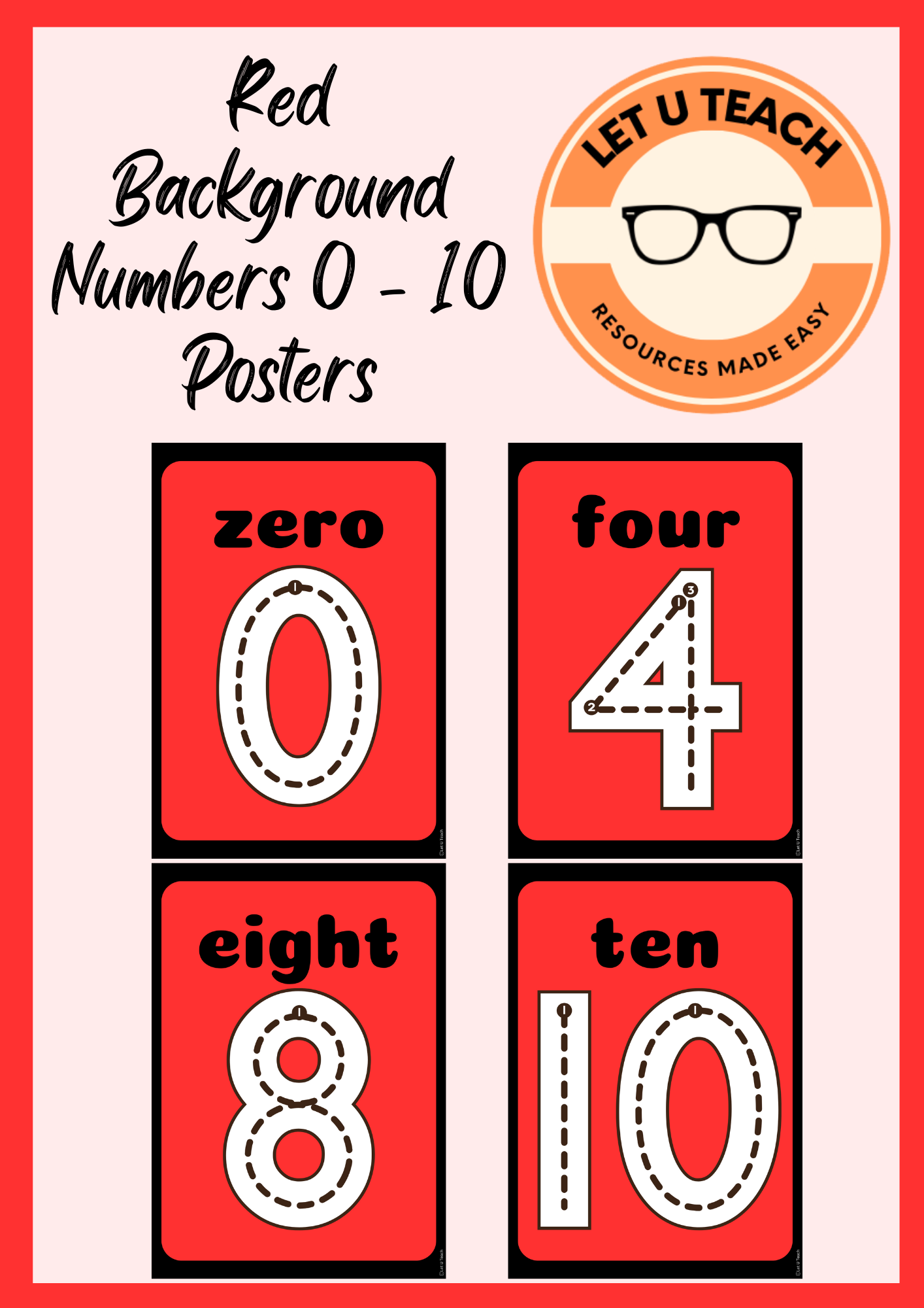 Red Background Numbers 0 - 10 Posters