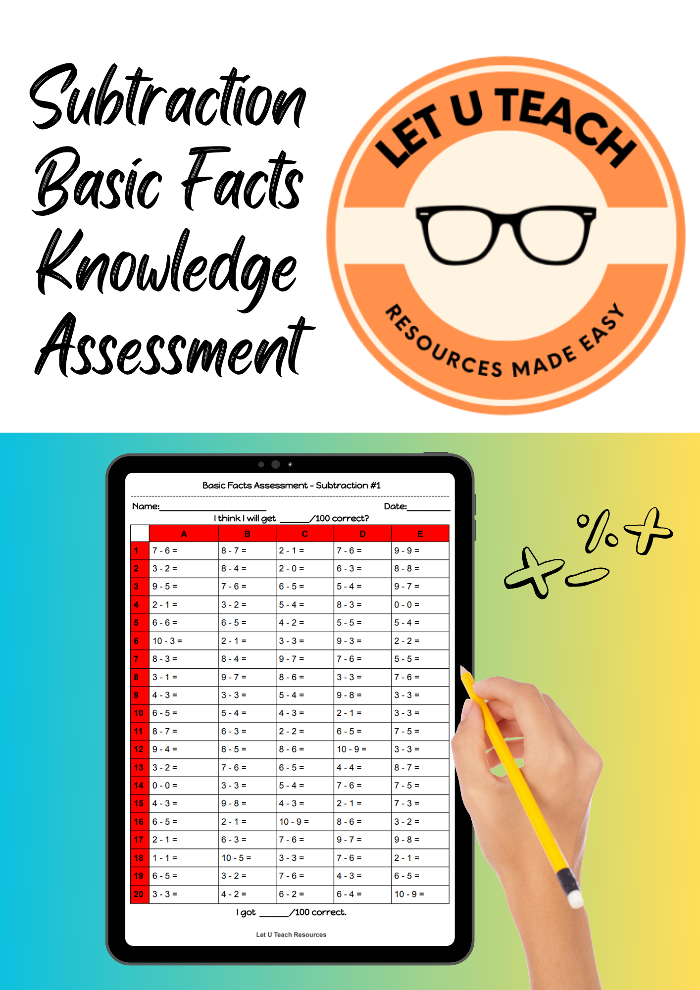 Subtraction Basic Facts Knowledge Assessment