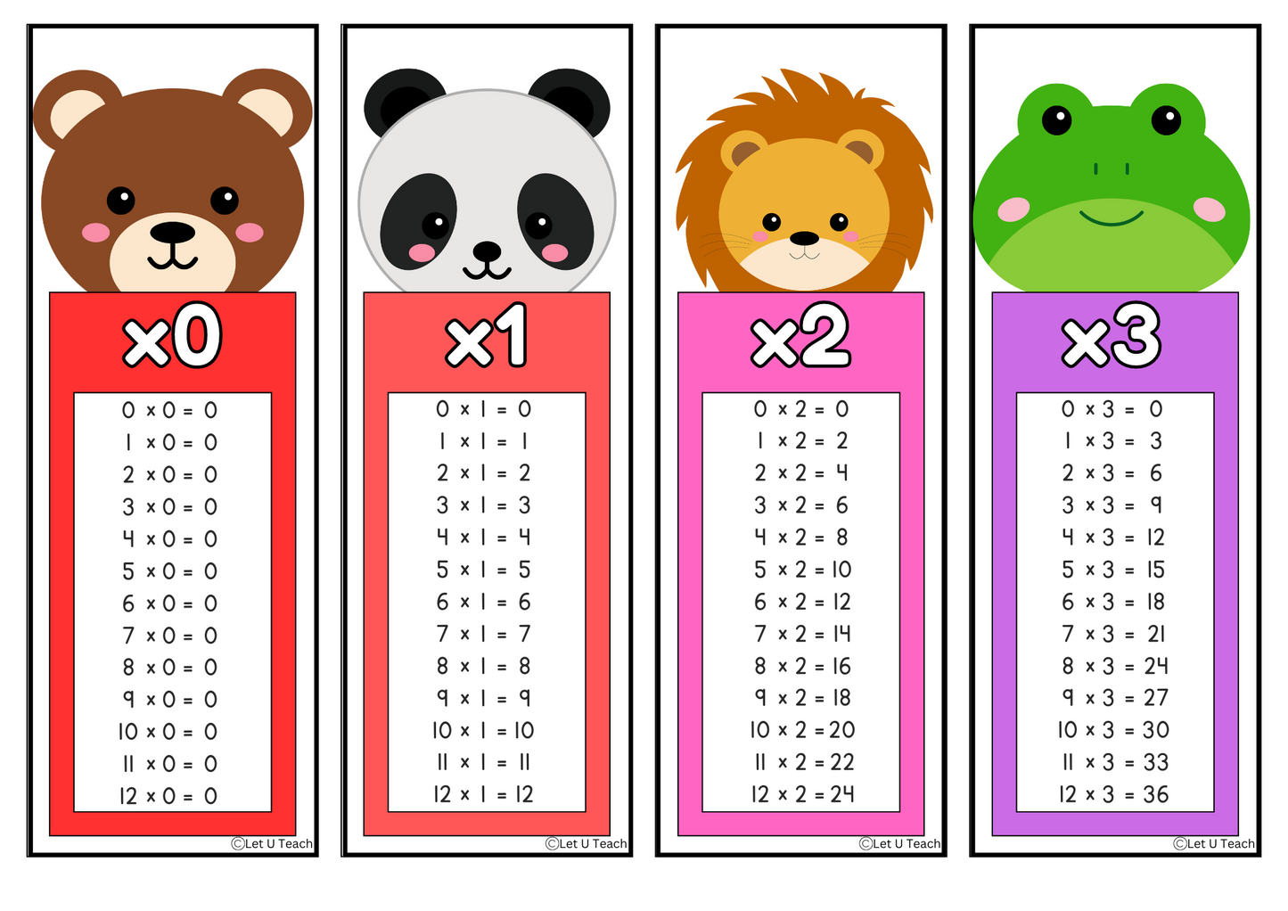 Timestable Bookmarks 0 - 12 Cute Animal Theme