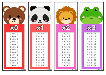 Timestable Bookmarks 0 - 12 Cute Animal Theme