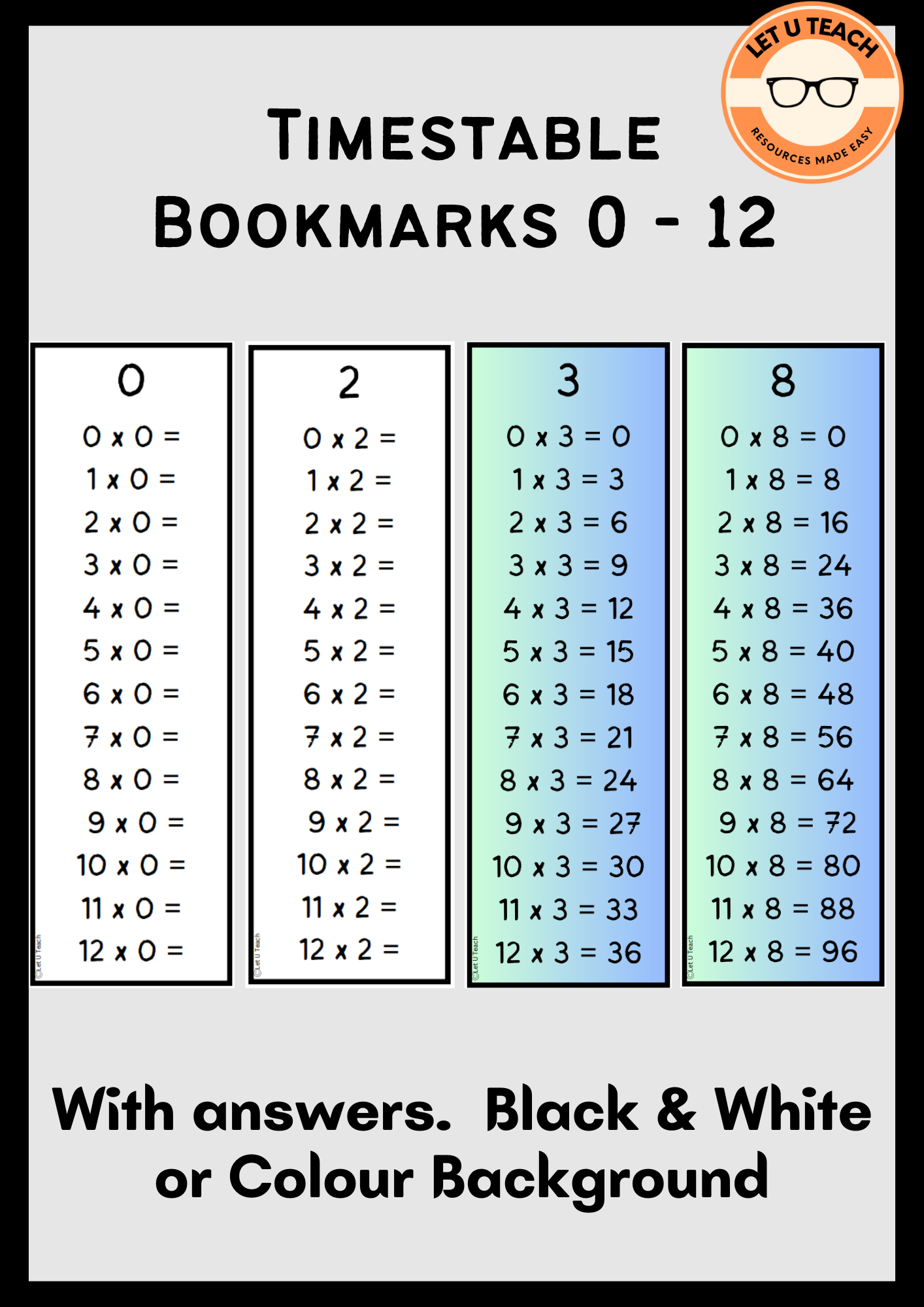 Timestable Bookmarks 0 - 12