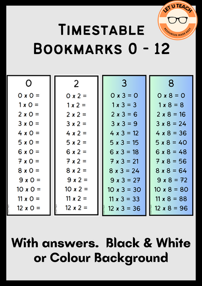 Timestable Bookmarks 0 - 12