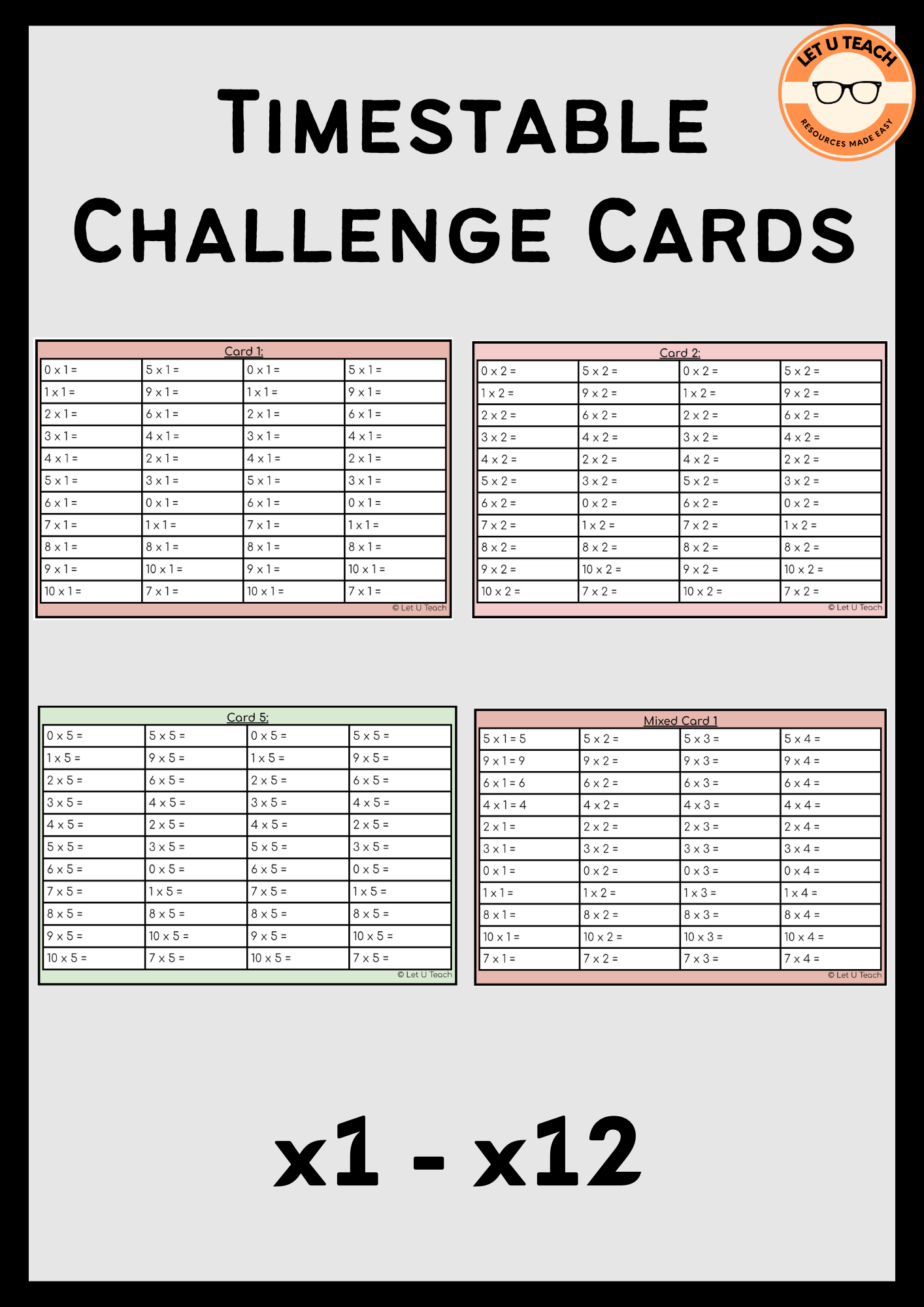 Times Table Challenge Cards x1 - x12