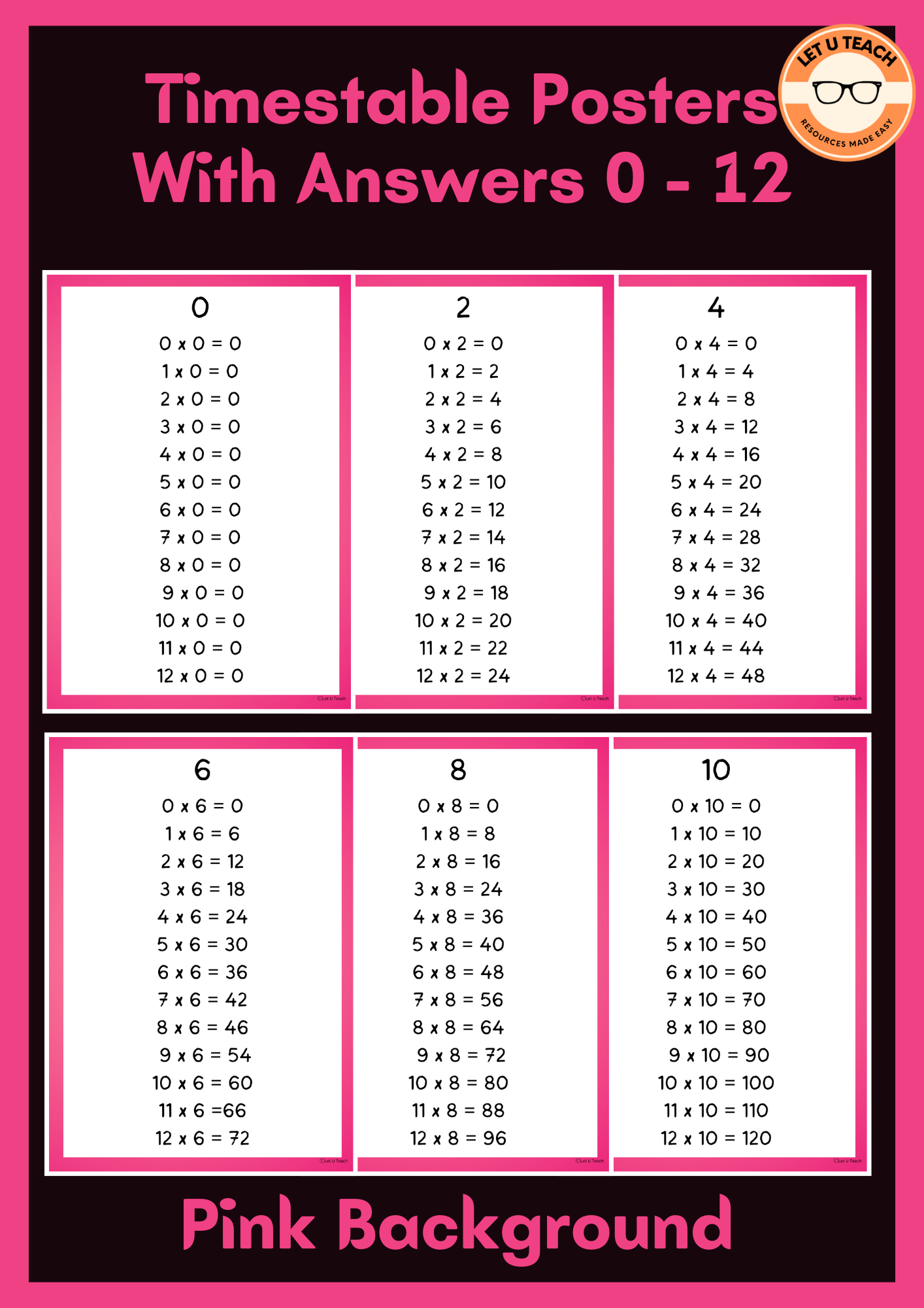 Timestable Posters 0 - 12 With Answers Pink Background