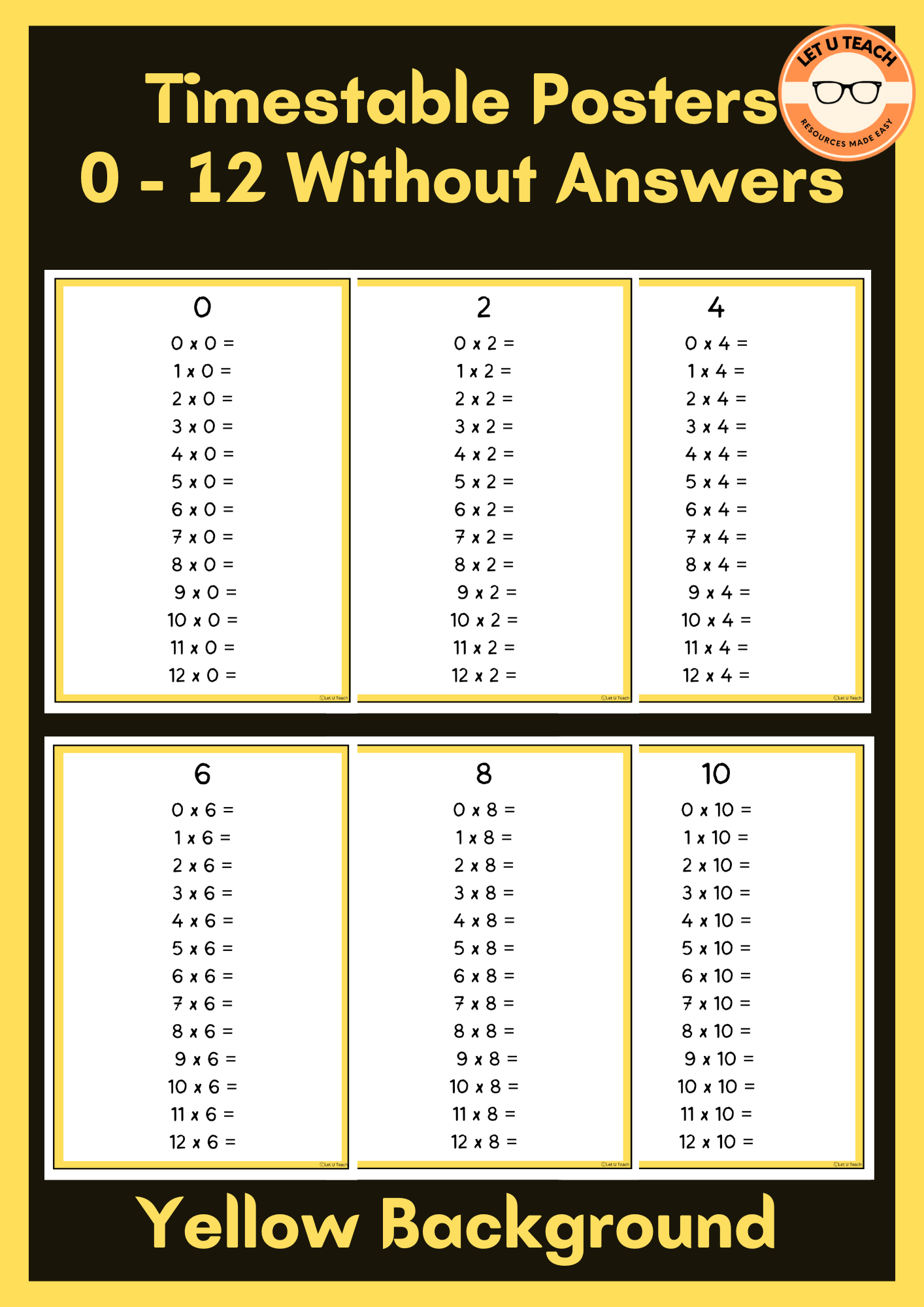 Timestable Posters 0 - 12 Without Answers Yellow Background