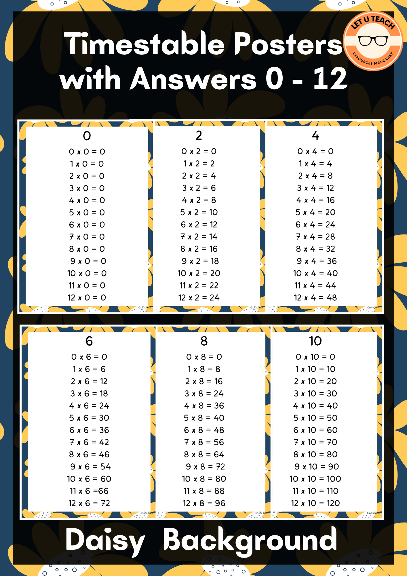 Timestable Posters 0 - 12 With Answers Daisy Background