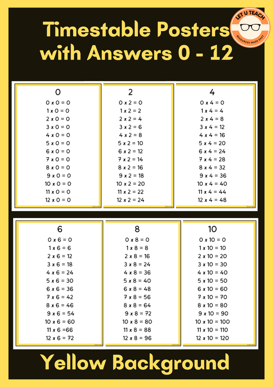 Timestable Posters 0 - 12 With Answers Yellow Background