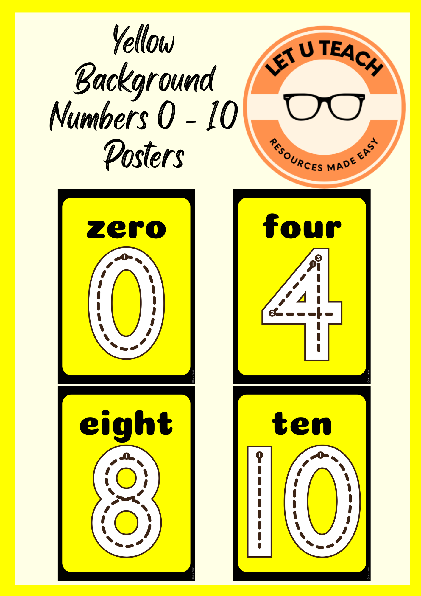 Yellow Background Numbers 0 - 10 Posters